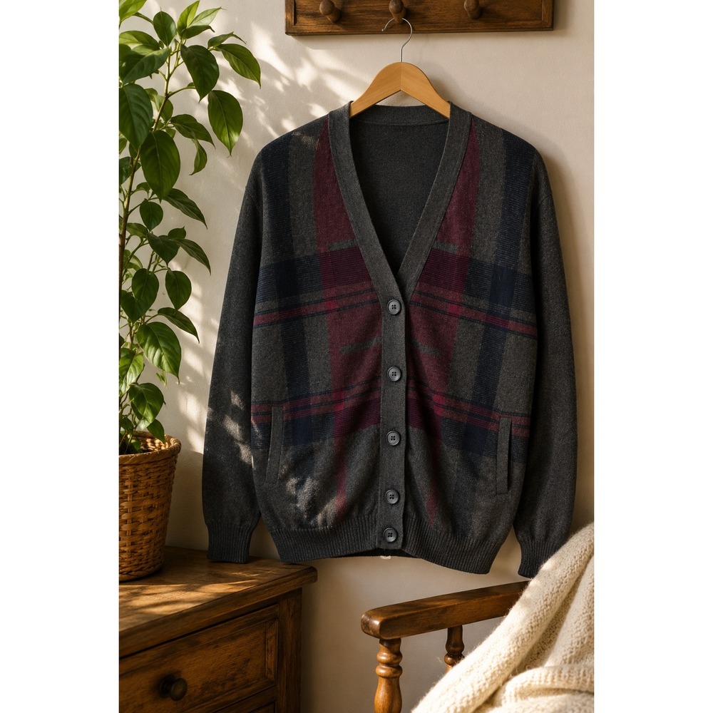 Vtg‎ Tosani Canada Cardigan Sweater L Made in Canada Argyle Knit GrandpaCore